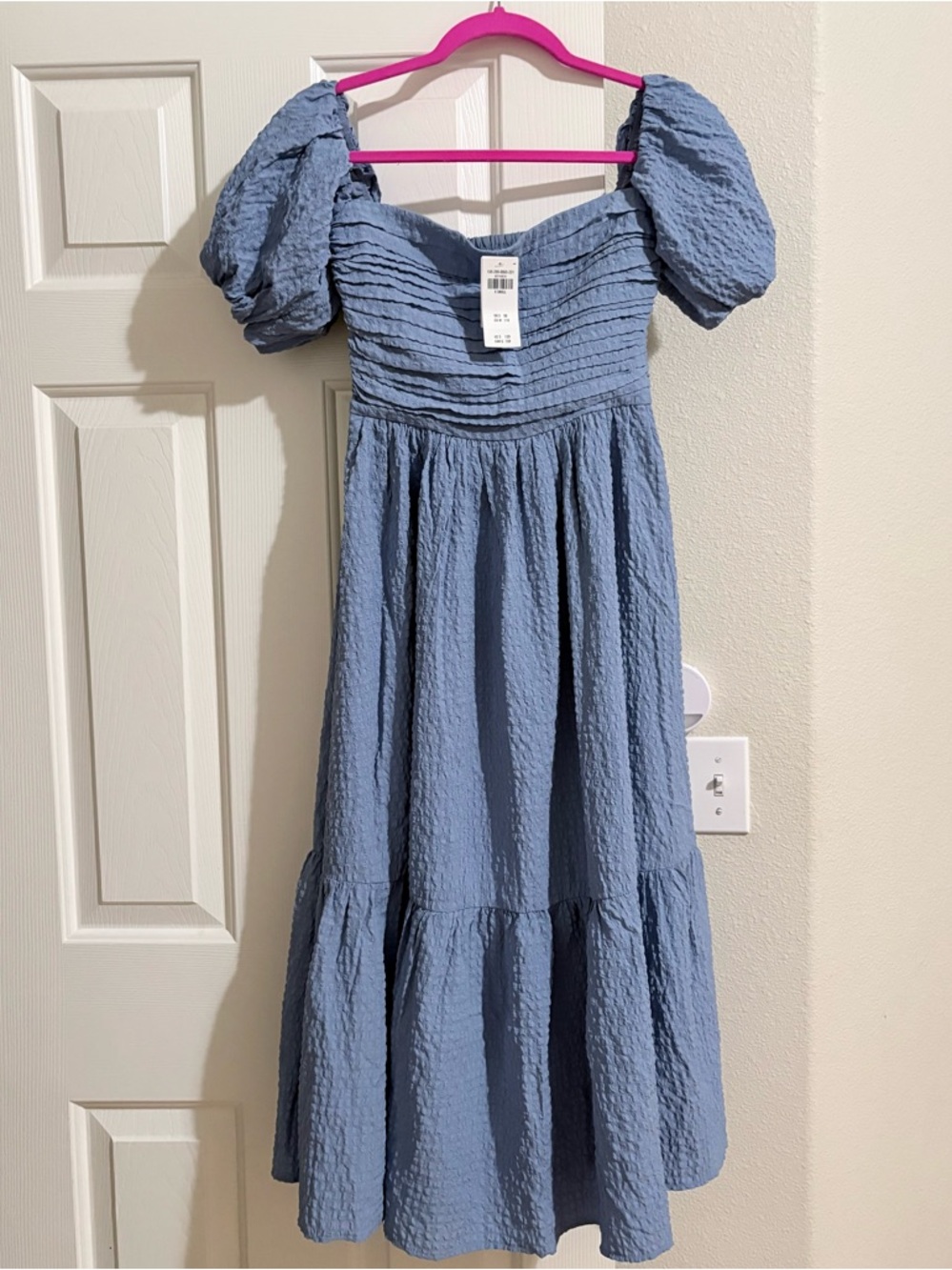🩵Abercrombie & Fitch TEXTURED Emerson Puff Sleeve Blue MIDI Dress - Picture 2 of 7